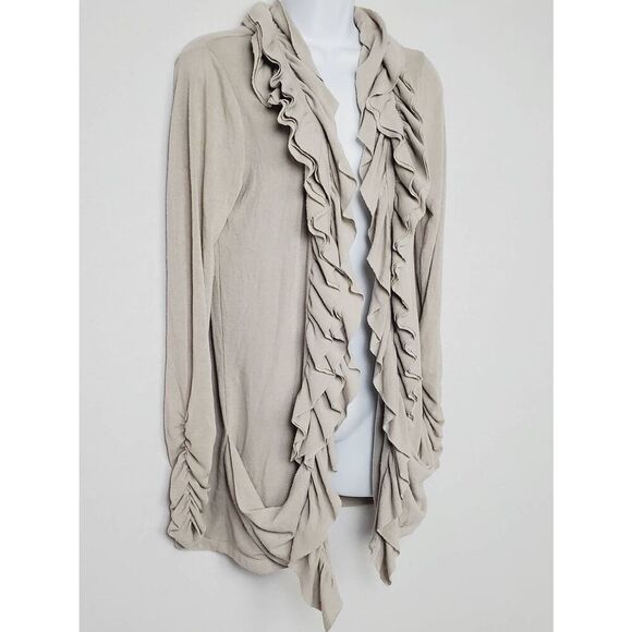 Studio Y Taupe Ruffle Open Front Cardigan M - Picture 2 of 8